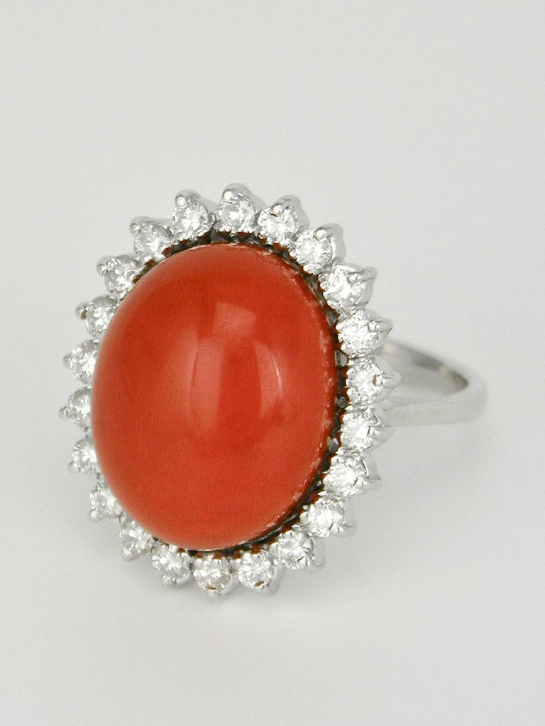 Vintage 18k White Gold Coral and Diamond Oval Cluster Ring 1970s