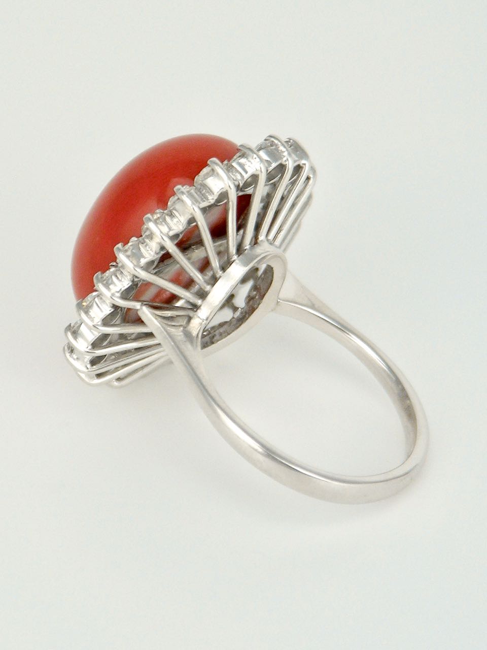 Vintage 18k White Gold Coral and Diamond Oval Cluster Ring 1970s