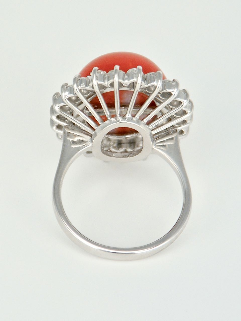 Vintage 18k White Gold Coral and Diamond Oval Cluster Ring 1970s