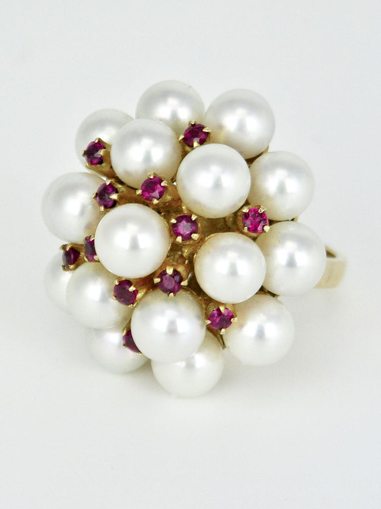 Vintage Mikimoto 14k Gold Pearl and Ruby Ring 1960s