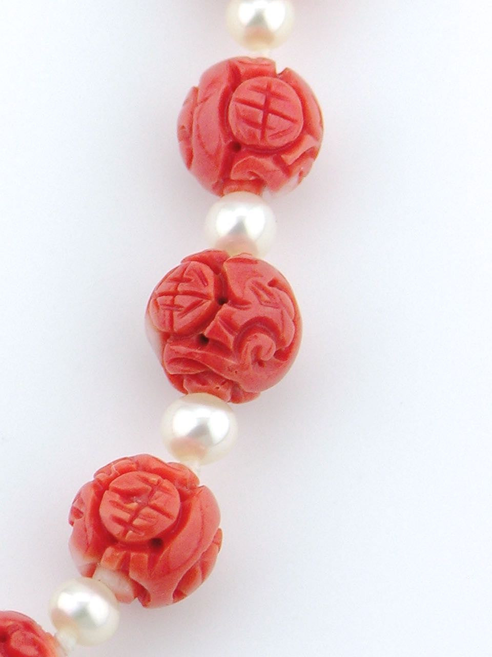 Carved Momo coral bead and pearl necklace
