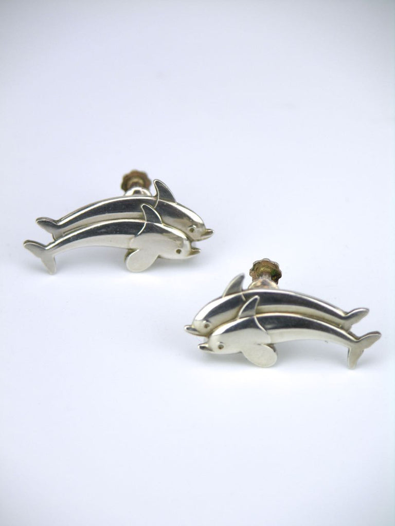Georg Jensen silver double leaping dolphin earrings - design 129