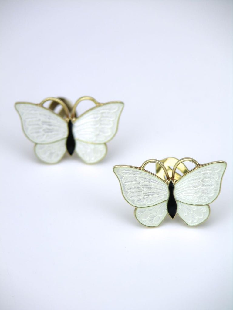 Danish silver and white enamel butterfly clip earrings