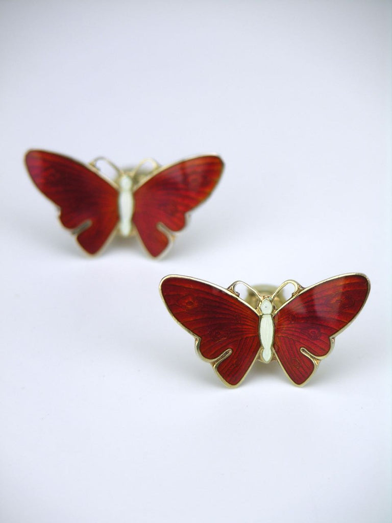 Norwegian silver and red enamel butterfly clip earrings