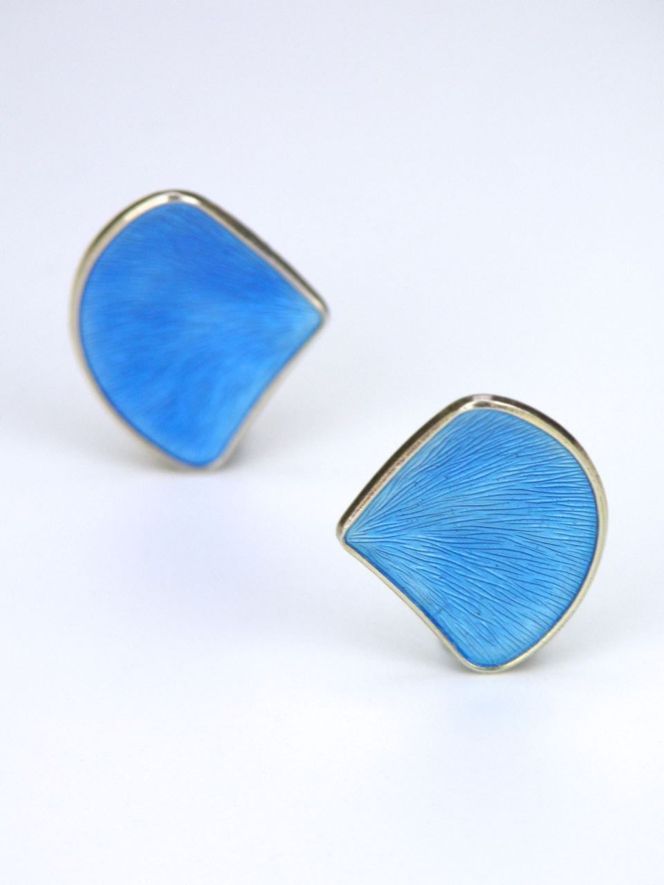Norwegian silver and sky blue enamel fan clip earrings