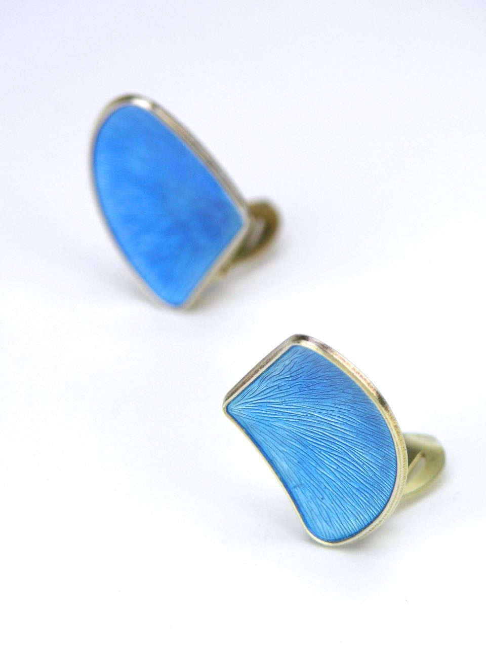 Norwegian silver and sky blue enamel fan clip earrings