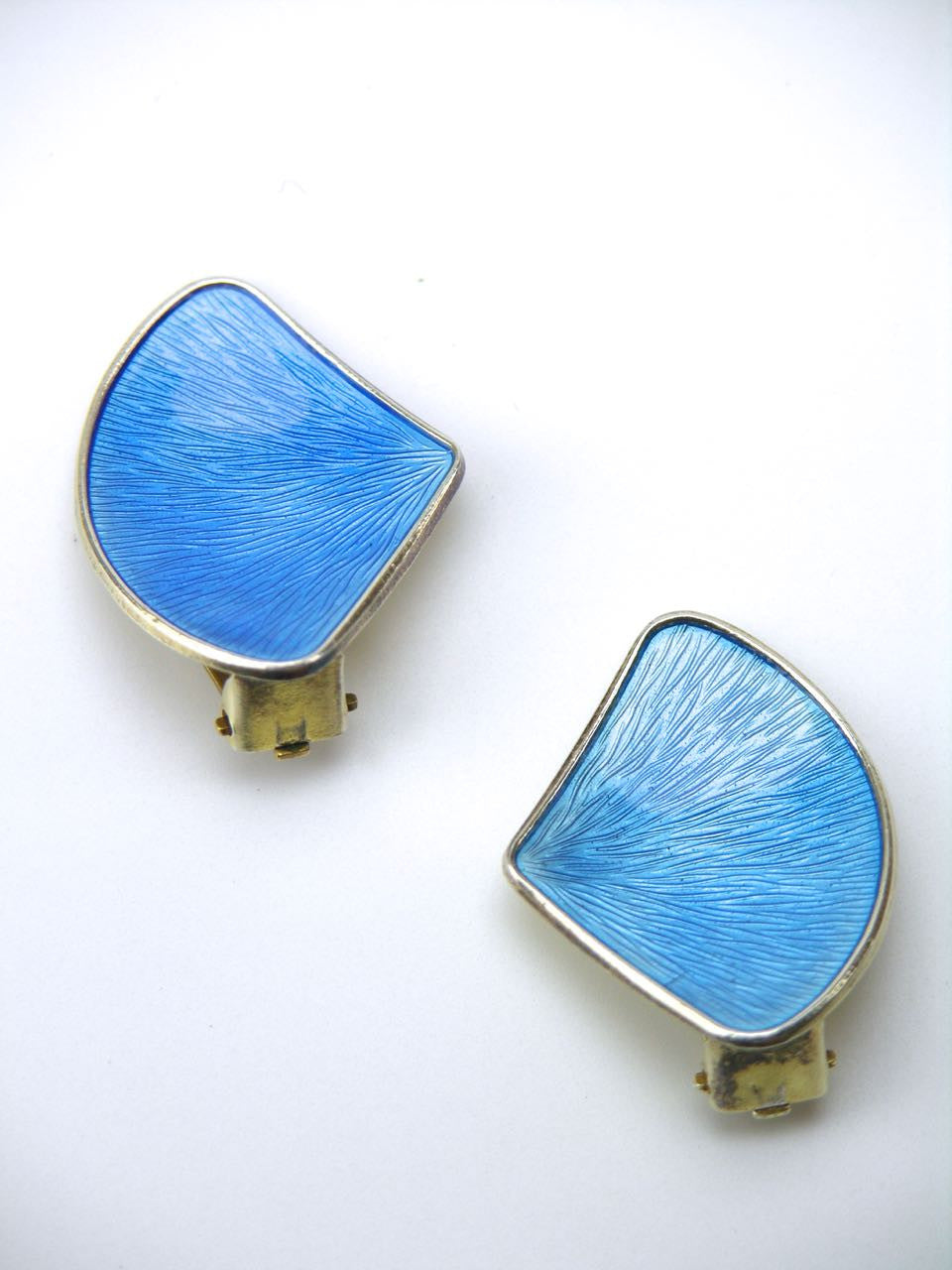 Norwegian silver and sky blue enamel fan clip earrings