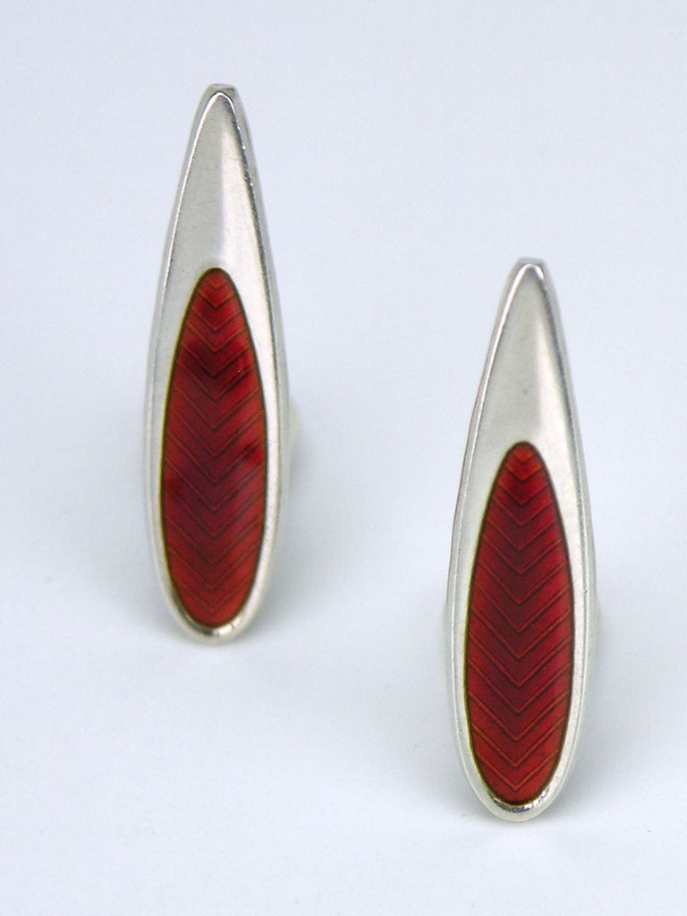 Danish Silver and Red Enamel Modernist Clip Earrings