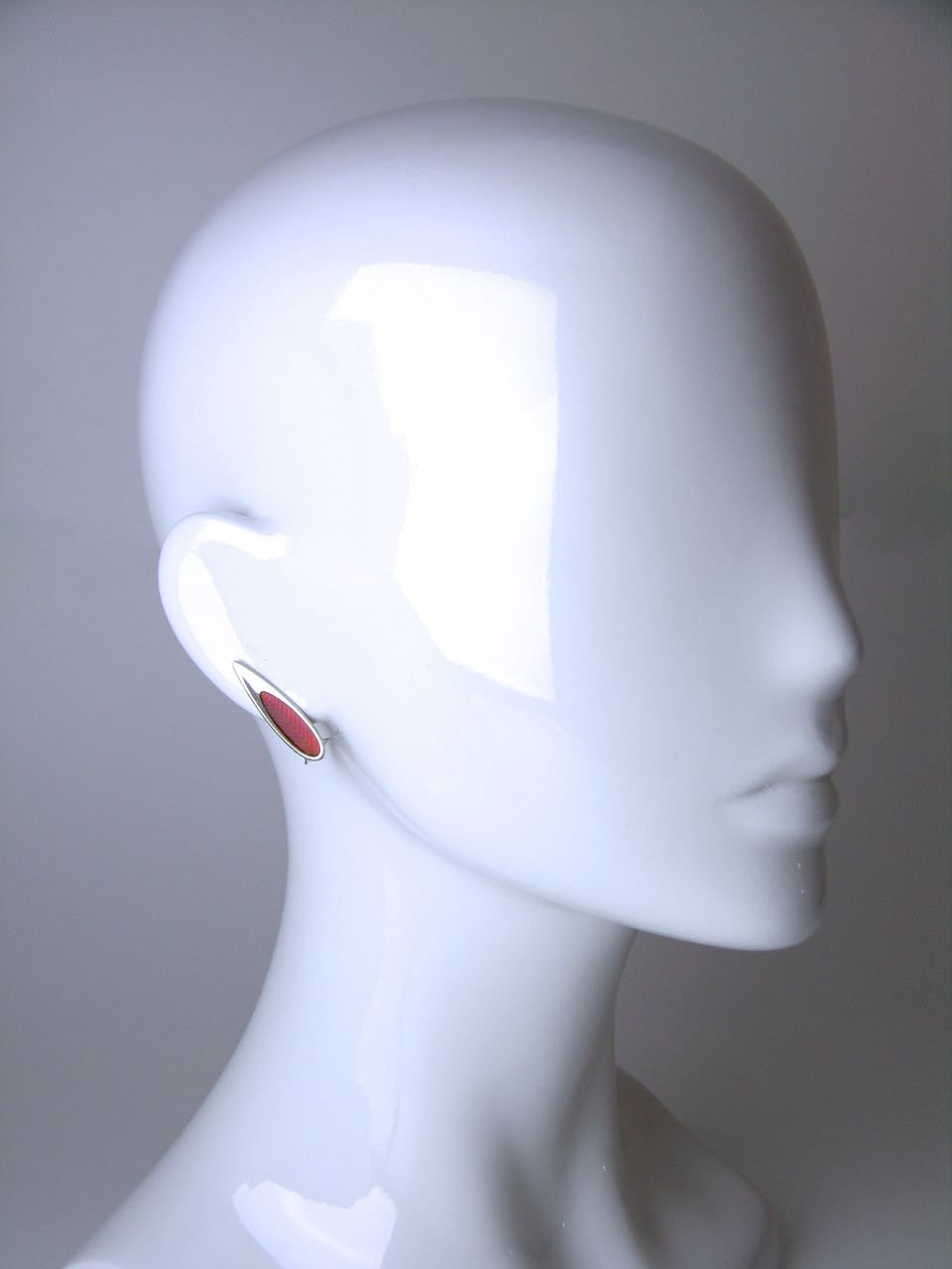 Danish Silver and Red Enamel Modernist Clip Earrings