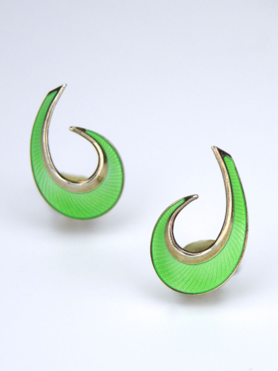 Norwegian Silver and Spearmint Green Enamel Scroll Earrings