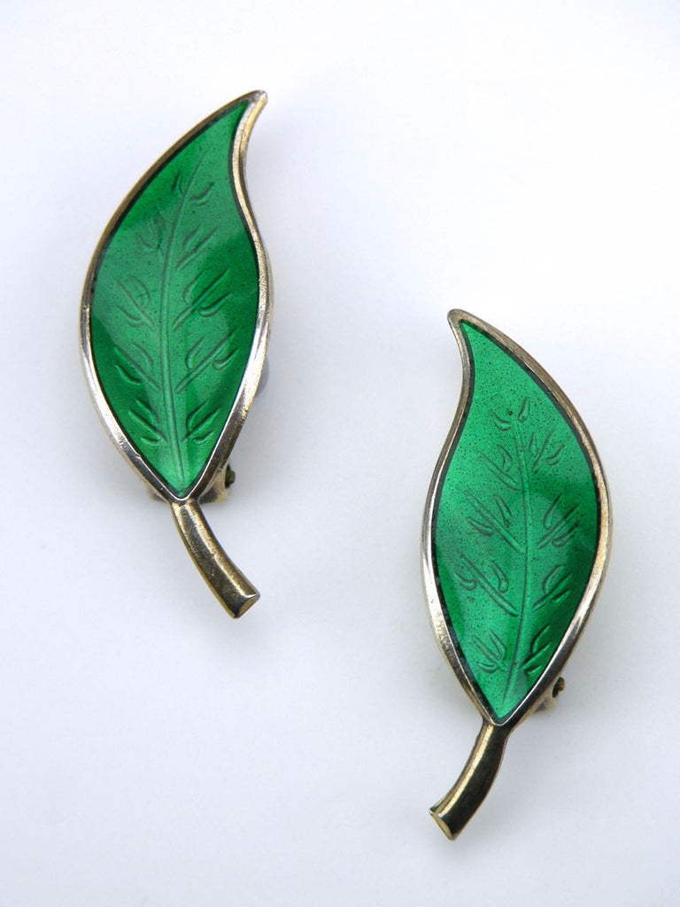 David Andersen silver and green enamel leaf clip earrings