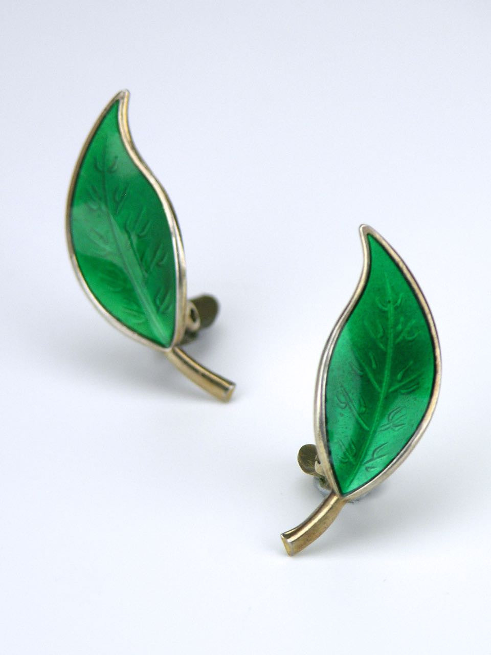 David Andersen silver and green enamel leaf clip earrings