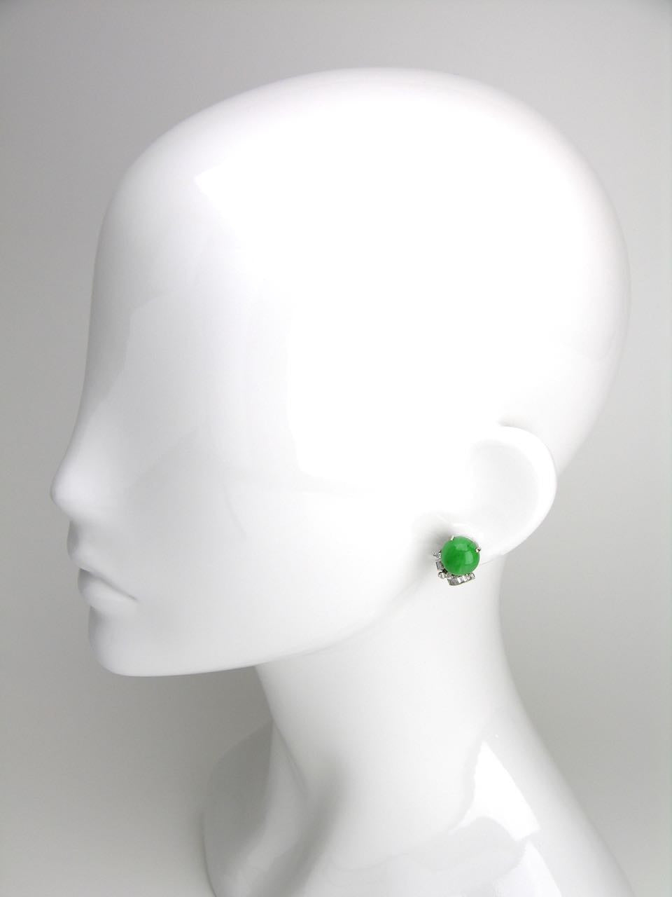 Retro Chinese Jadite, Diamond and 14k White Gold Clip Earrings