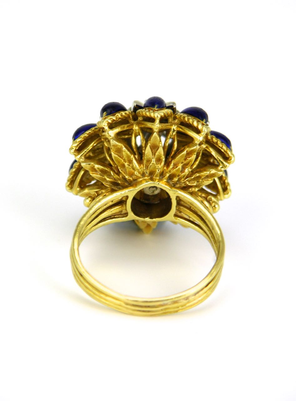 Vintage Italian 18k Yellow Gold Diamond Blue Enamel Flower Starburst Ring 1960s - Corletto