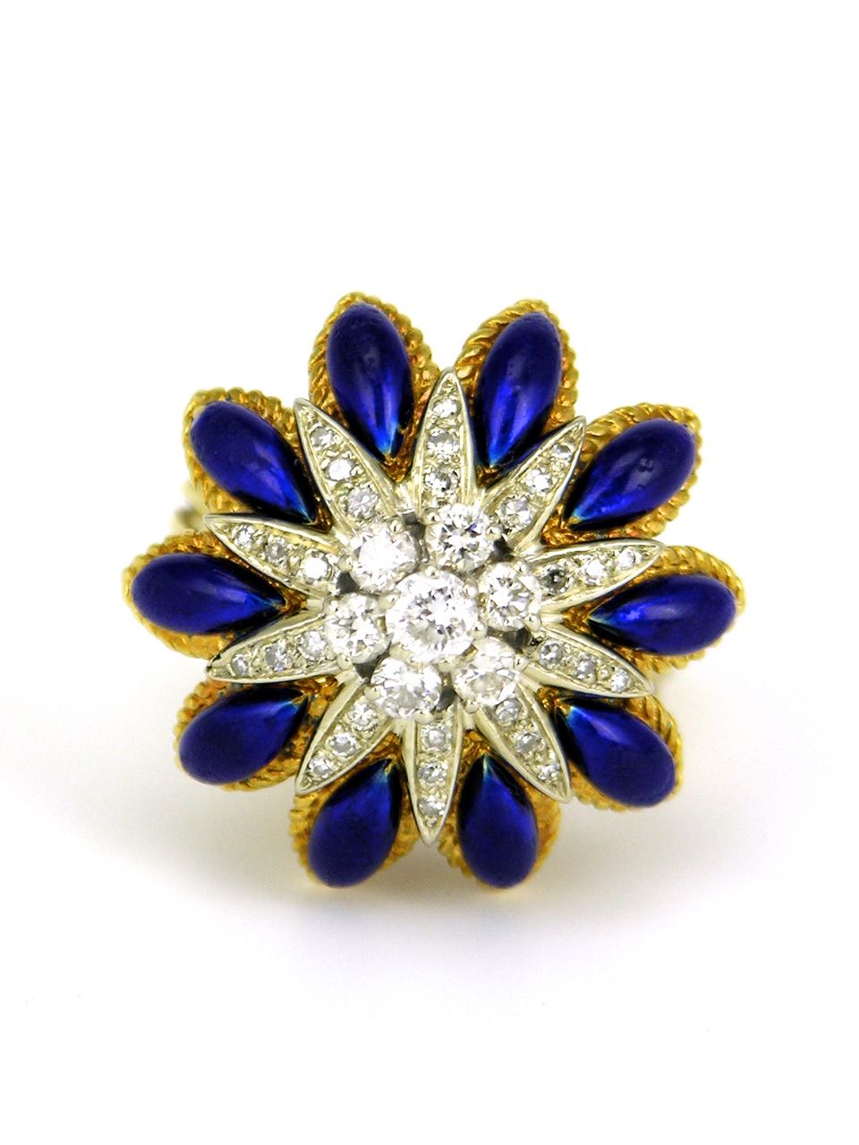 Vintage Italian 18k Yellow Gold Diamond Blue Enamel Flower Starburst Ring 1960s - Corletto