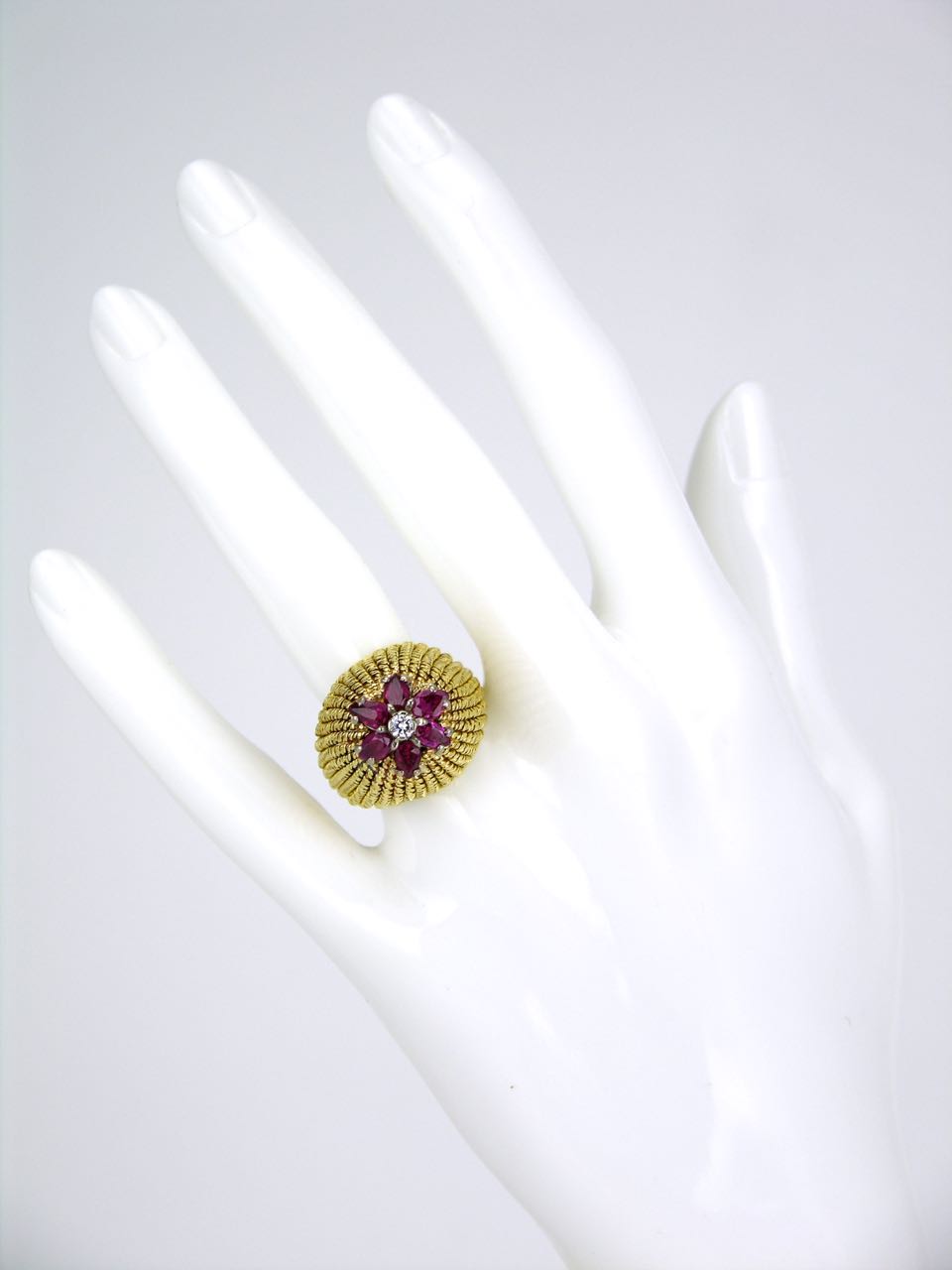 Vintage 18k Yellow Gold Ruby and Diamond Dome Ring 1970s