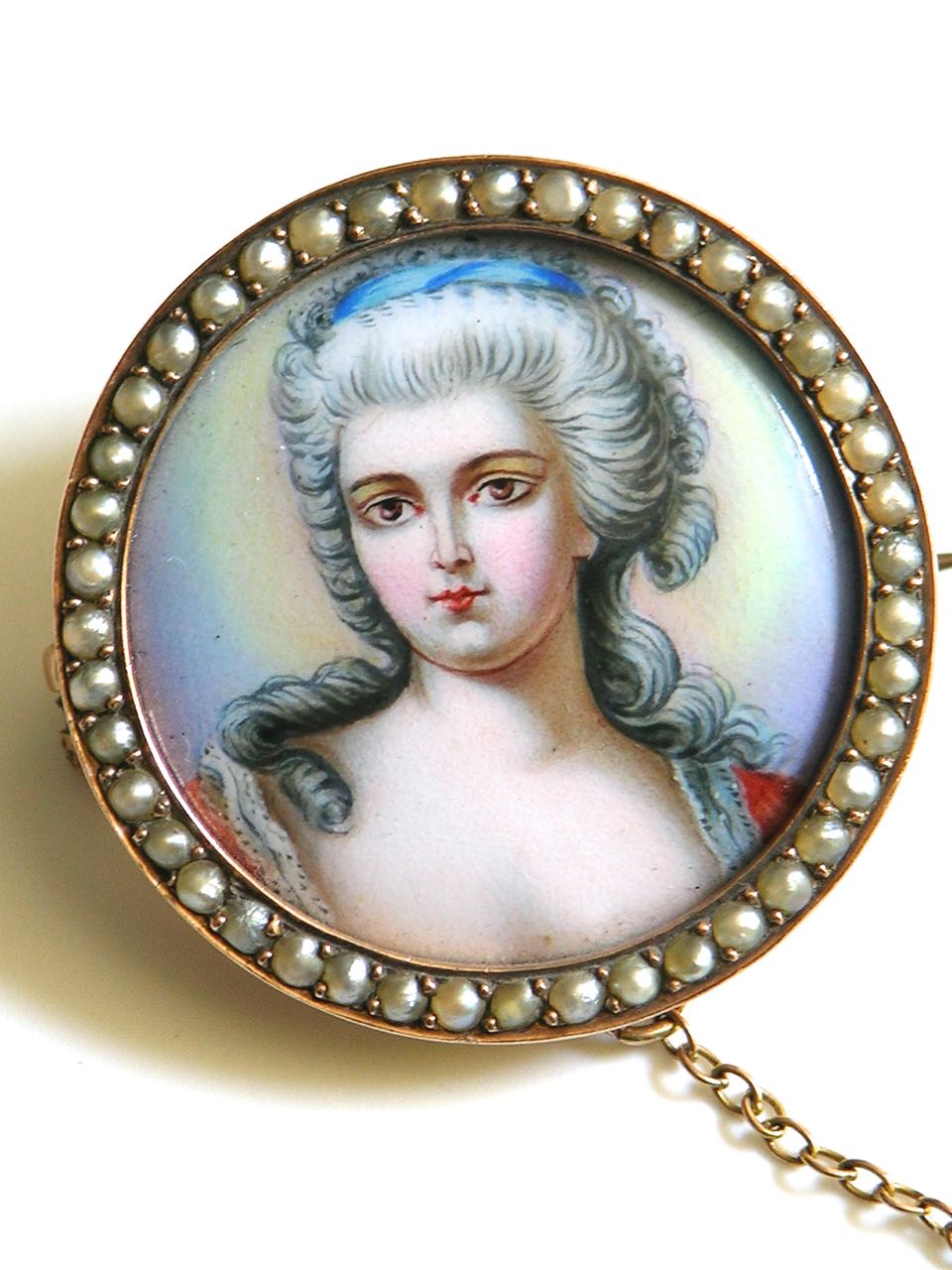 Antique 9k Rose Gold Enamel and Seed Pearl Portrait Miniature Brooch