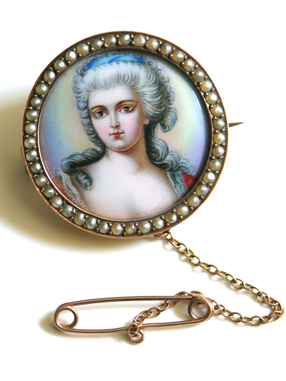 Antique 9k Rose Gold Enamel and Seed Pearl Portrait Miniature Brooch