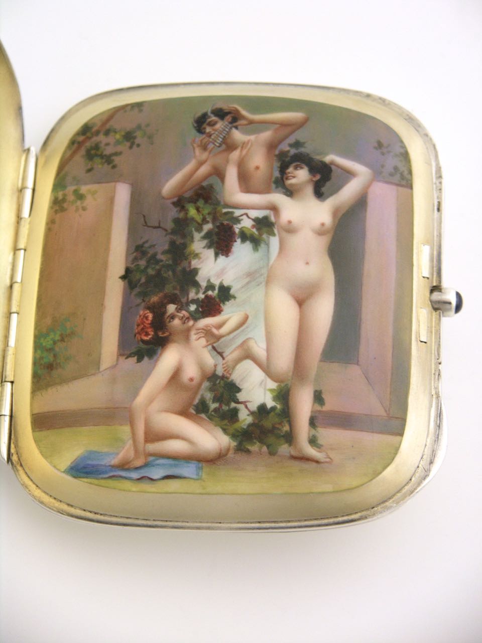 Antique Sterling silver and enamel erotic case "Nymphs and Pan"