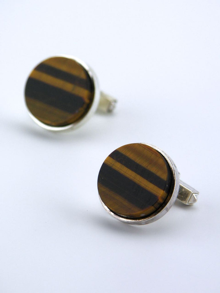 Vintage German pair of solid silver and tigers eye round cufflinks