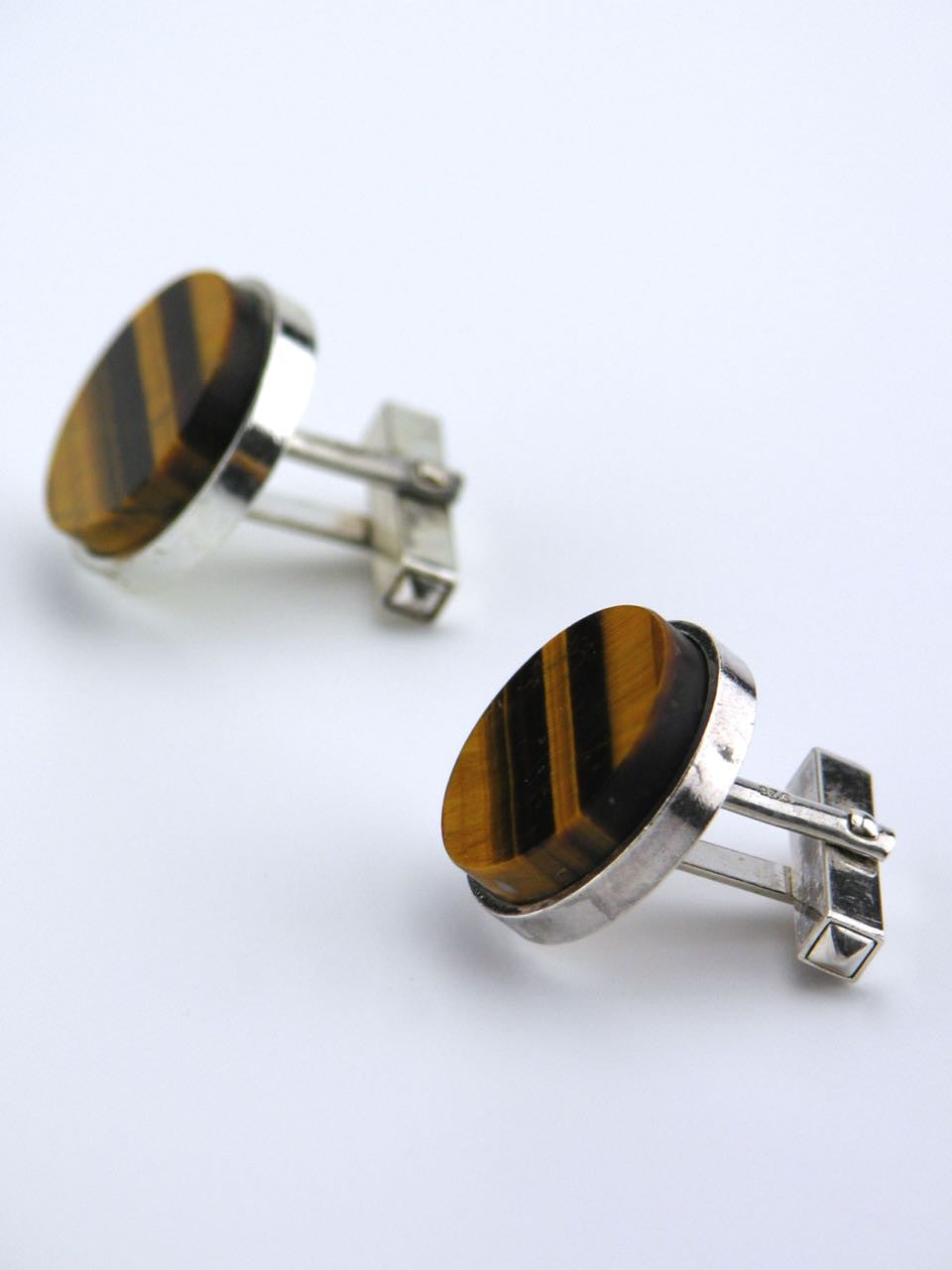 German pair of solid silver and tigers eye round cufflinks