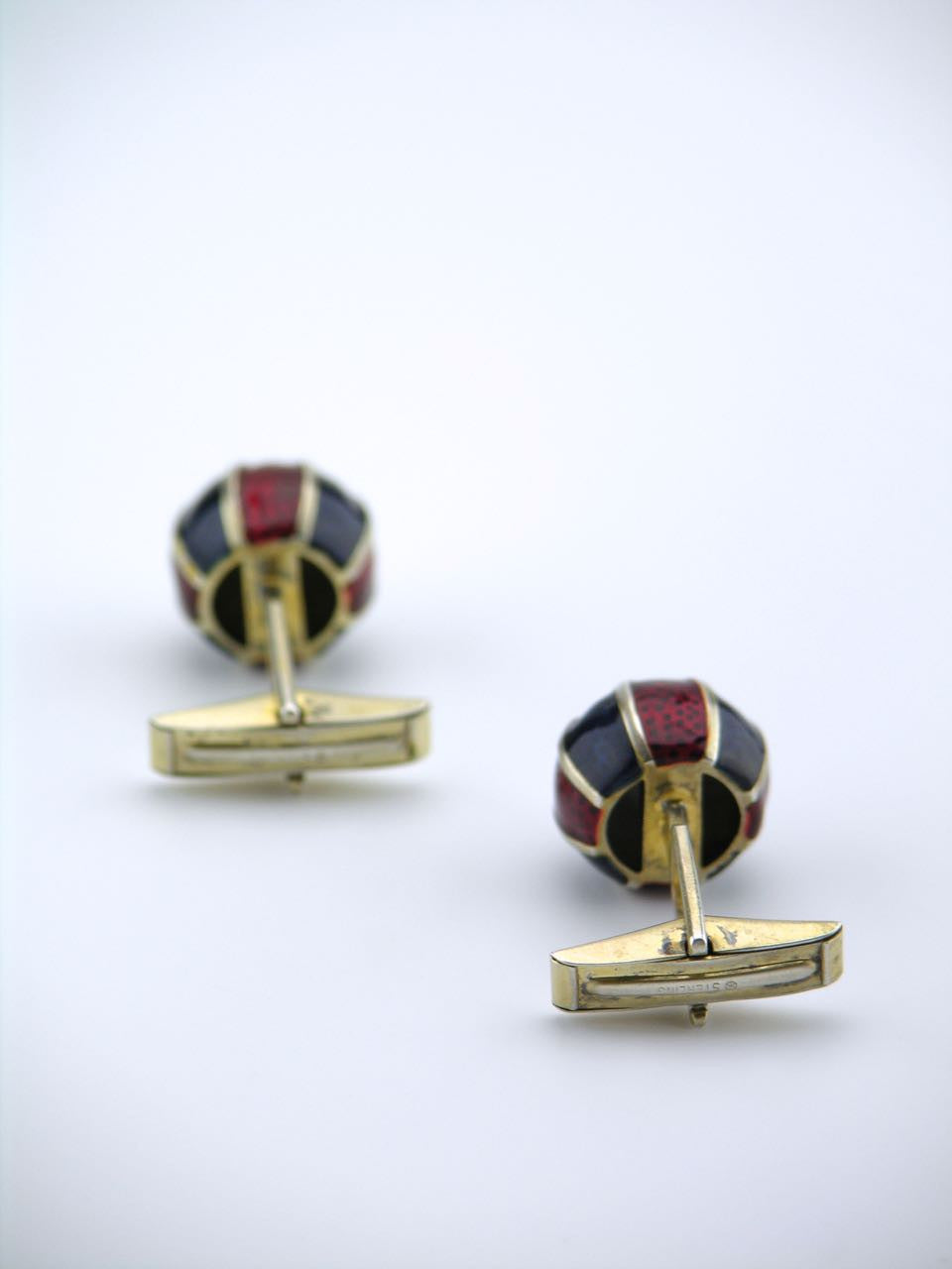 Vintage American Solid Silver Red and Blue Enamel Gilt Ball Cufflinks