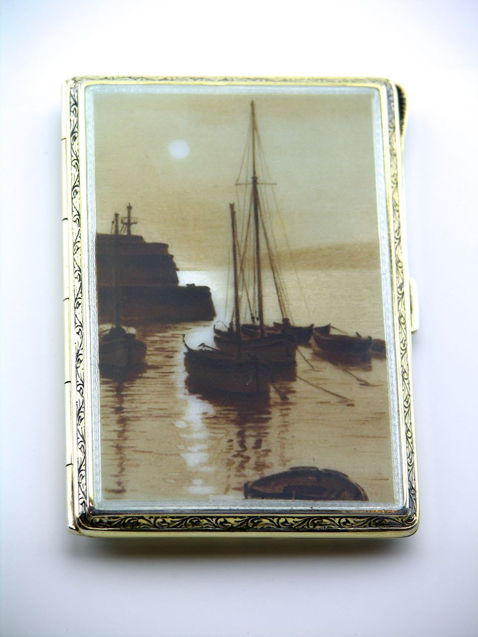 Antique European solid silver and sepia enamel boating scene case