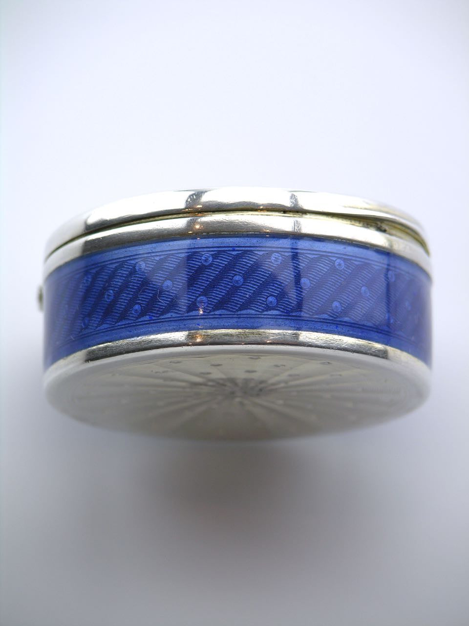 American solid silver cornflower blue enamel round box