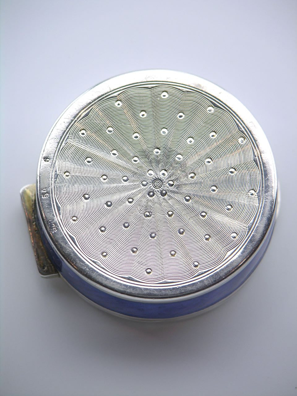American solid silver cornflower blue enamel round box