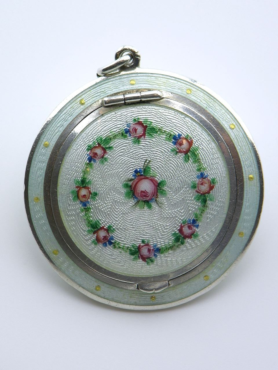 Austrian solid silver pale green enamel case decorated with roses