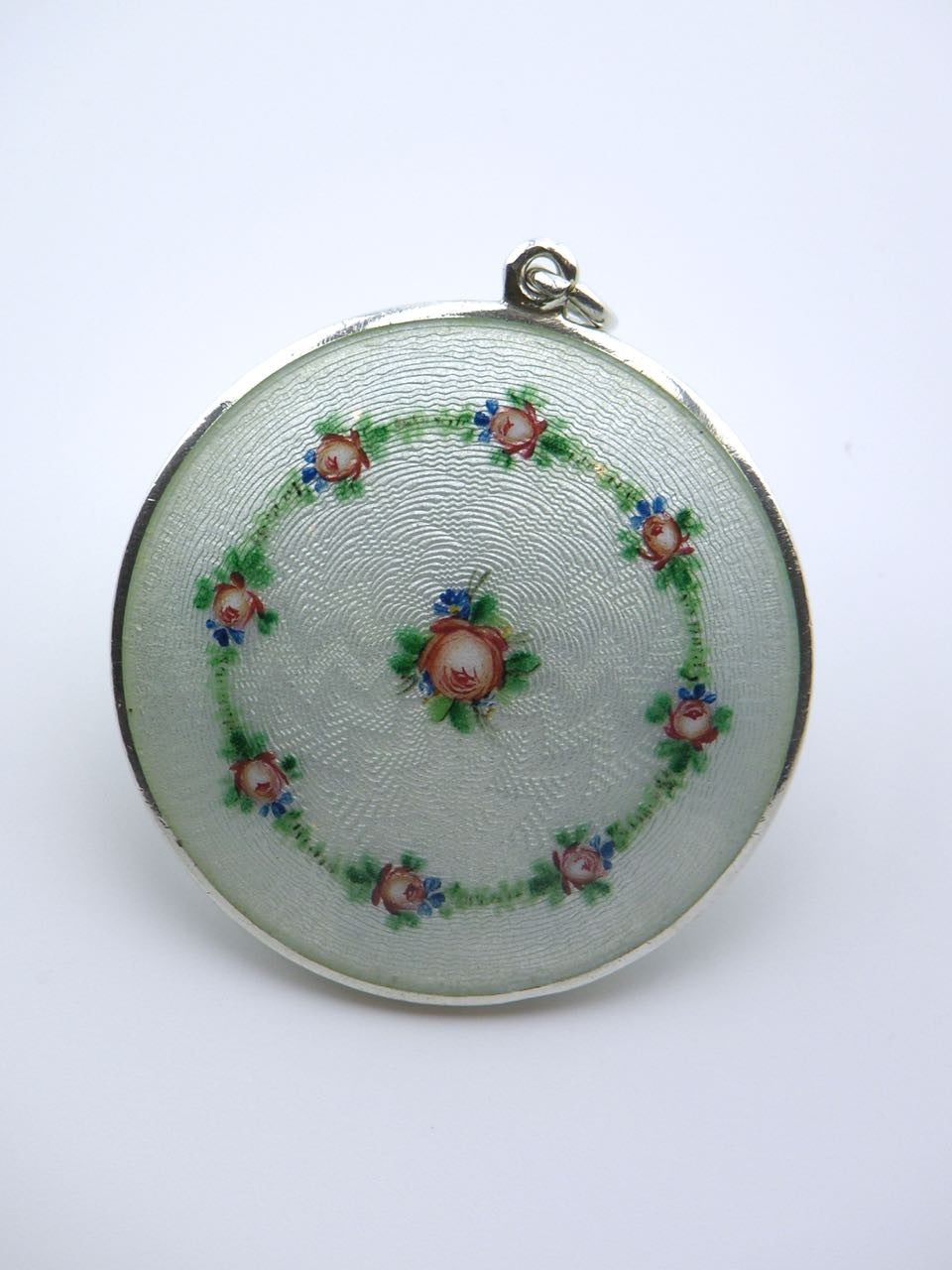 Austrian solid silver pale green enamel case decorated with roses
