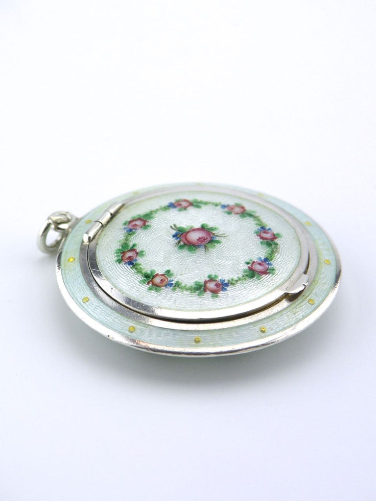 Austrian solid silver pale green enamel case decorated with roses