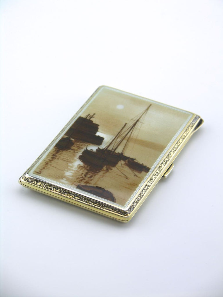 Antique European solid silver and sepia enamel boating scene case