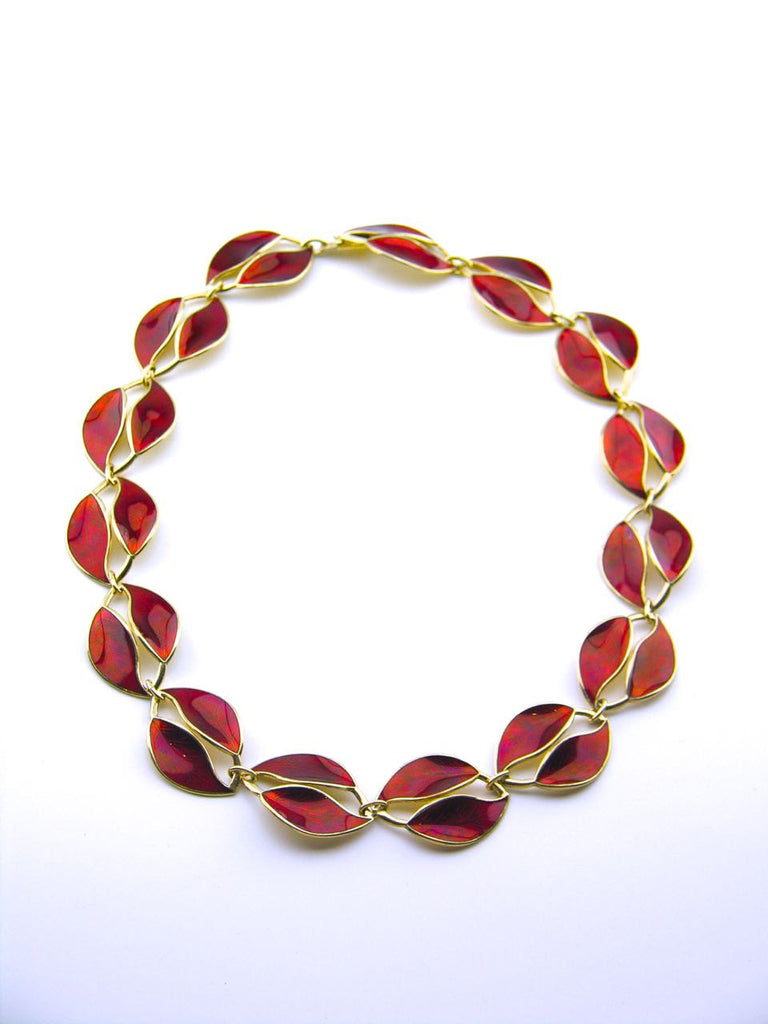 David Andersen solid silver and red enamel double leaf link necklace