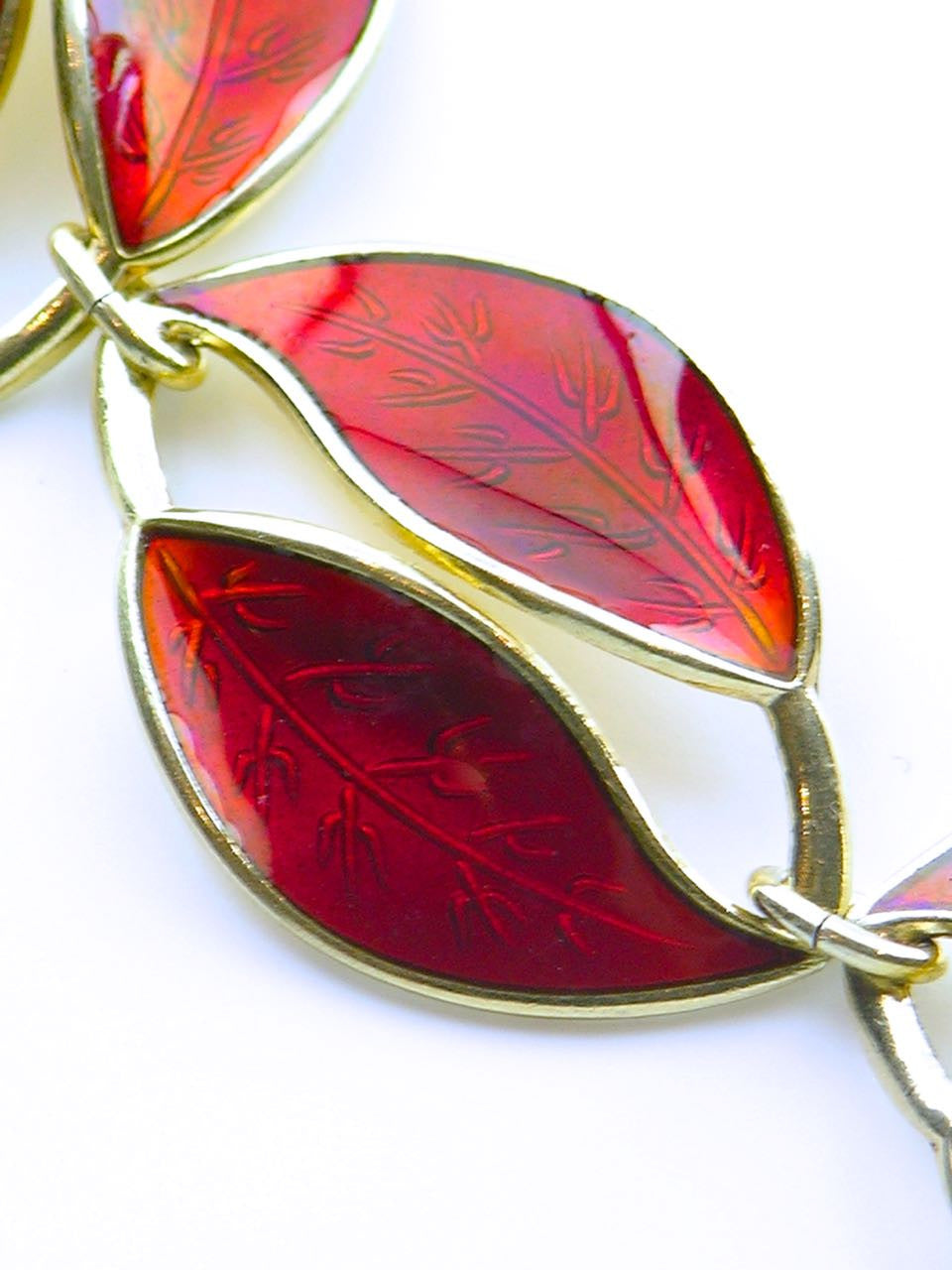 David Andersen solid silver and red enamel double leaf link necklace