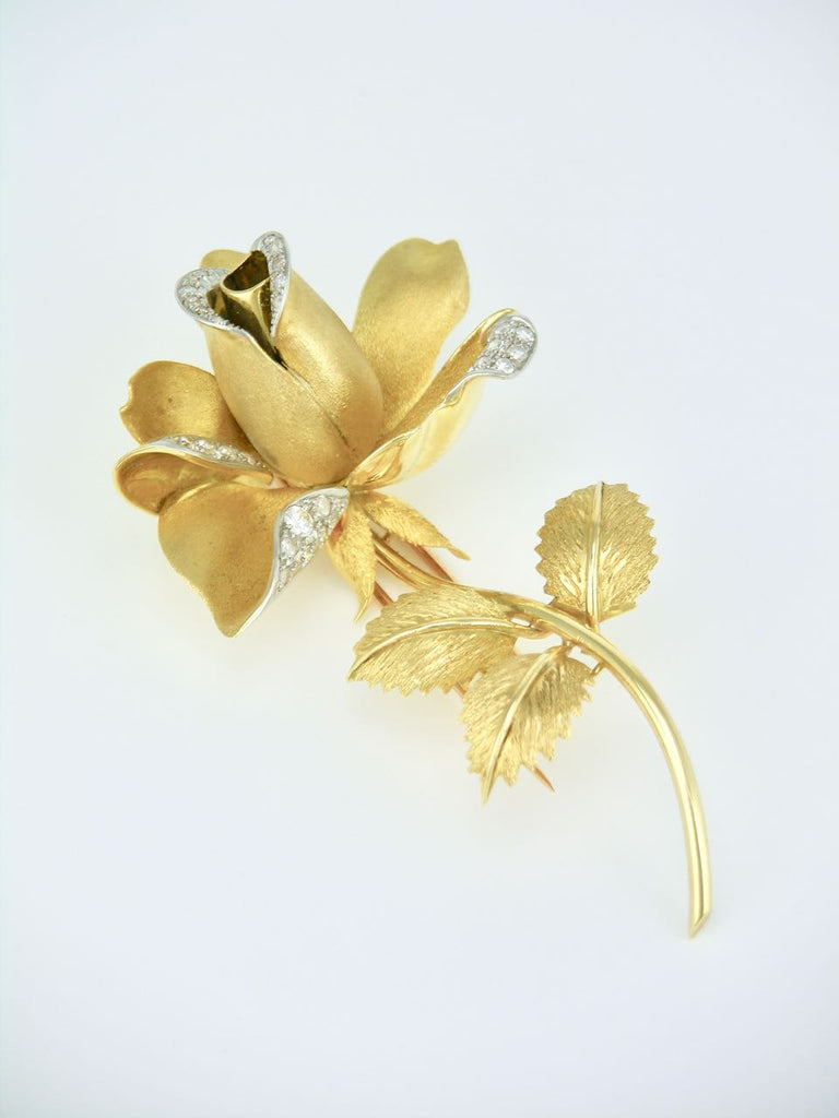Vintage 18k Yellow Gold and Diamond Rose Brooch Pin 1960s