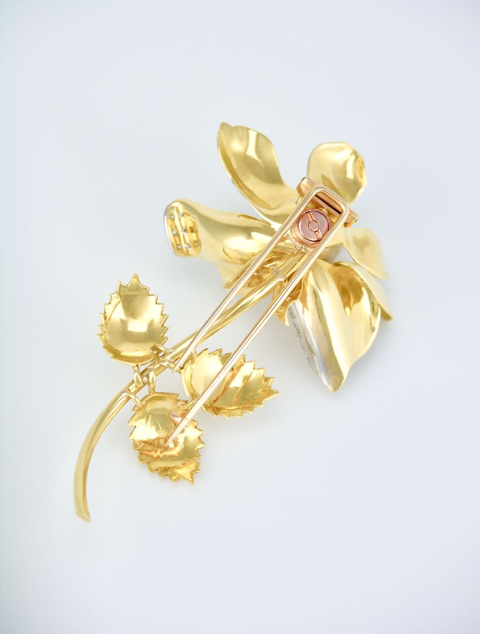 Vintage 18k Yellow Gold and Diamond Rose Brooch Pin 1960s