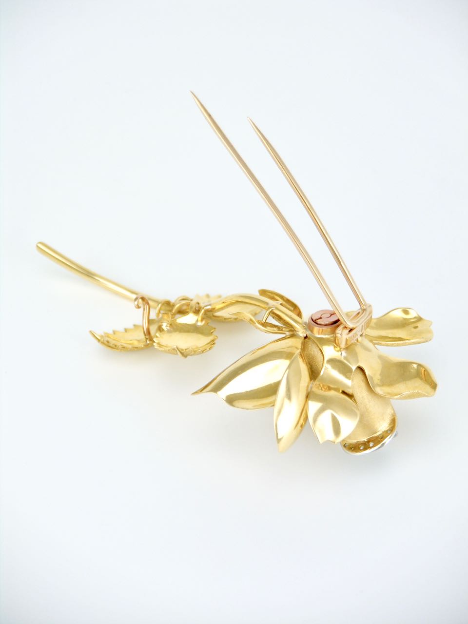 Vintage 18k Yellow Gold and Diamond Rose Brooch Pin 1960s
