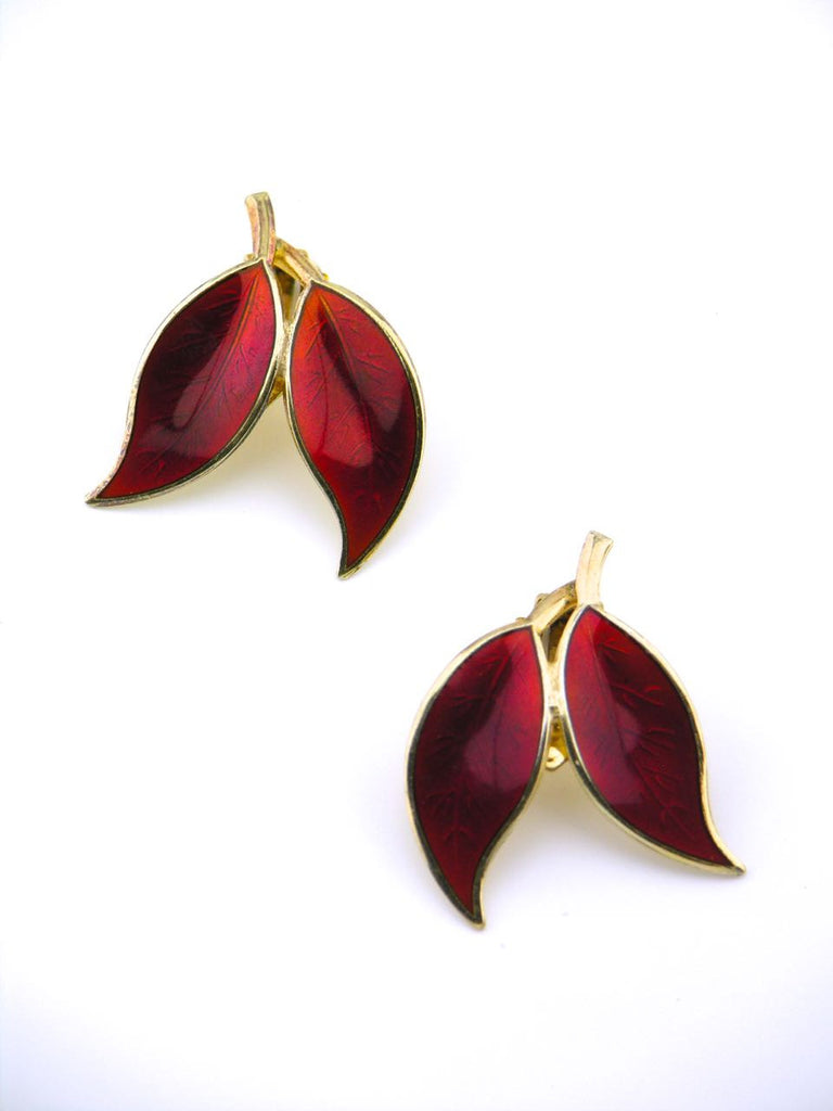 David Andersen solid silver and red enamel double leaf clip earrings
