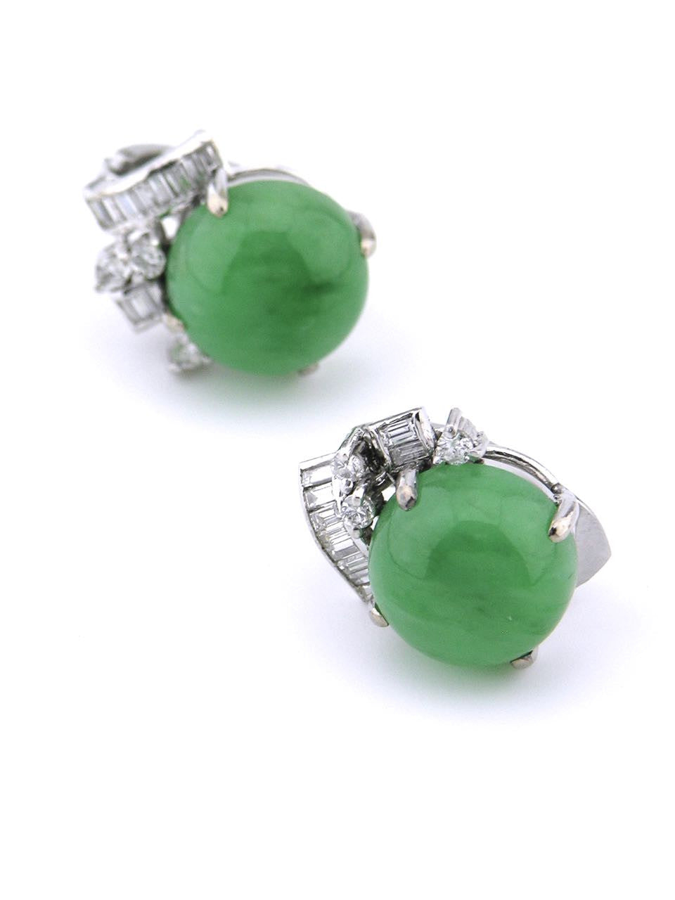 Retro Chinese Jadite, Diamond and 14k White Gold Clip Earrings
