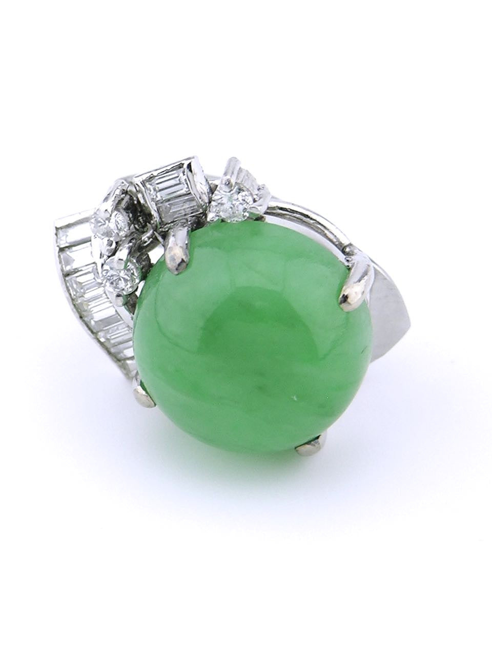 Retro Chinese Jadite, Diamond and 14k White Gold Clip Earrings
