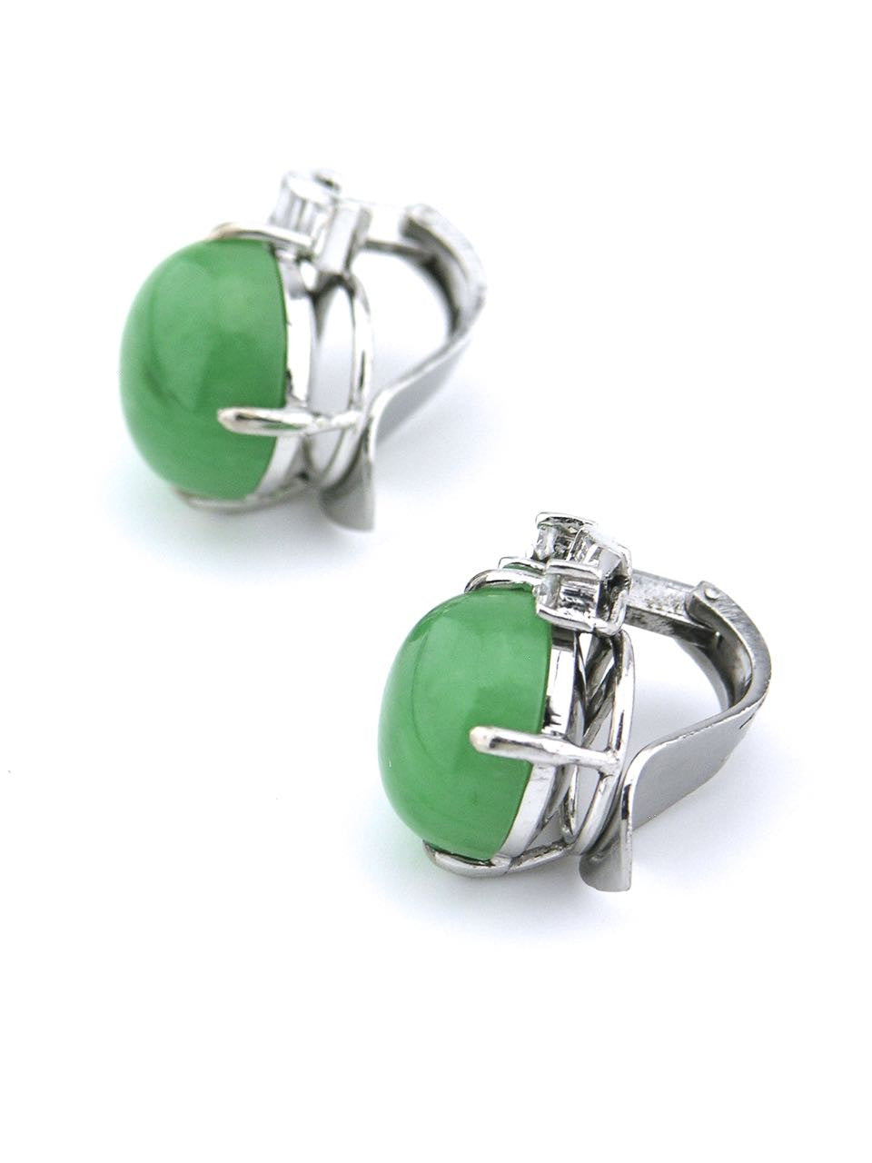 Retro Chinese Jadite, Diamond and 14k White Gold Clip Earrings