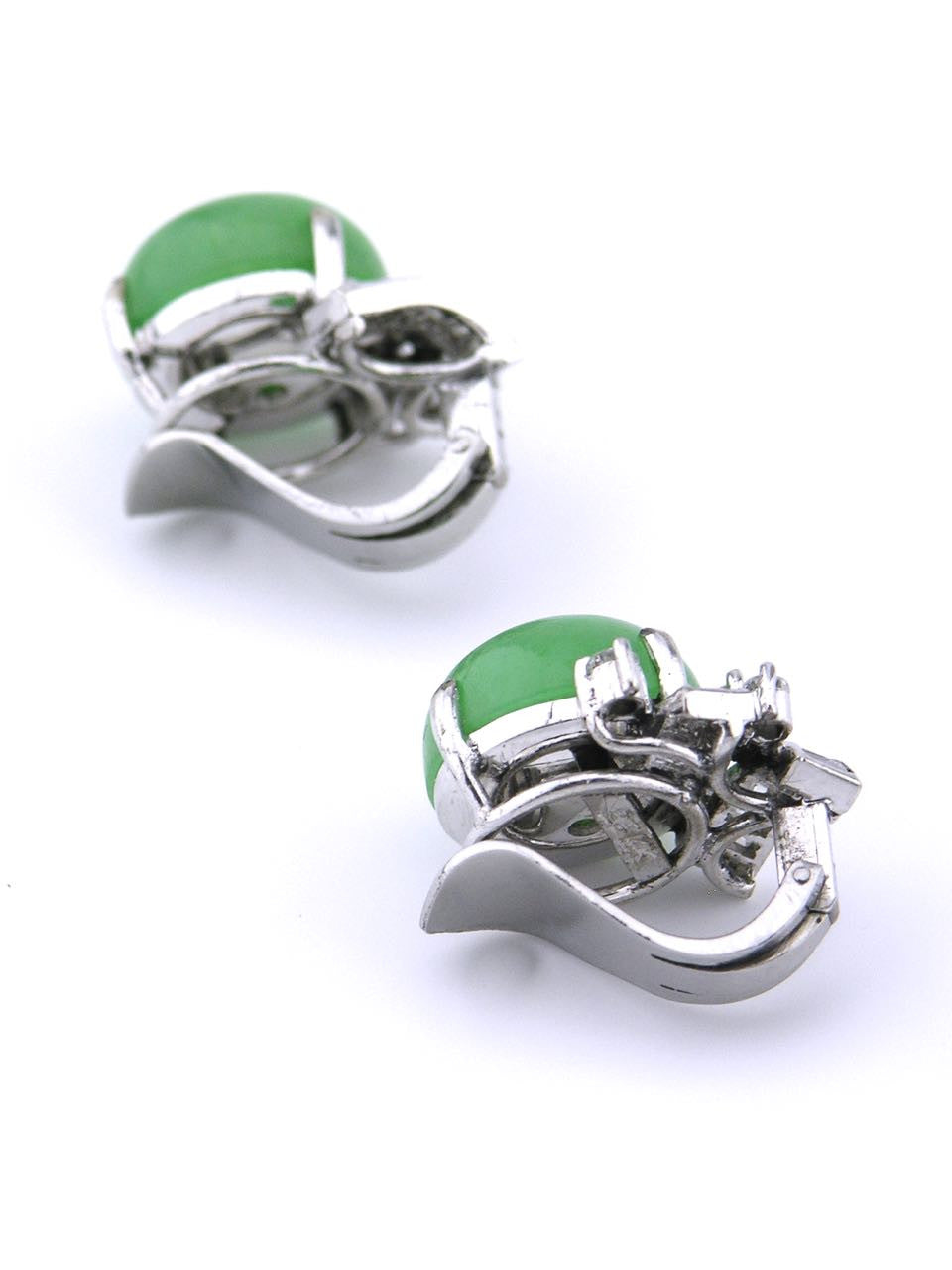 Retro Chinese Jadite, Diamond and 14k White Gold Clip Earrings