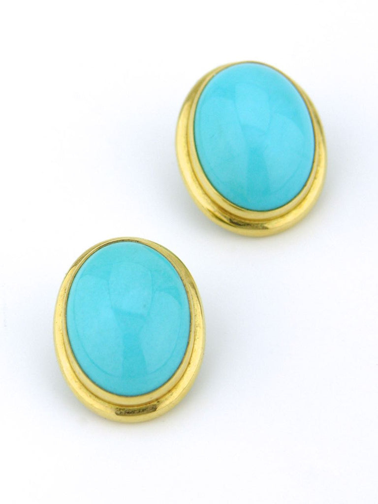 Tony White oval turquoise and gold clip earrings