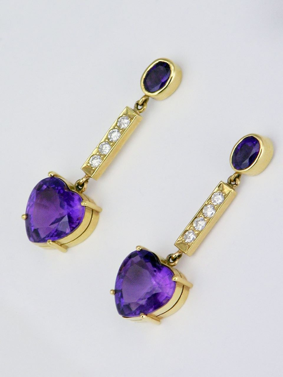 Vintage 18k Yellow Gold Purple Amethyst Heart and Diamond Drop Earrings