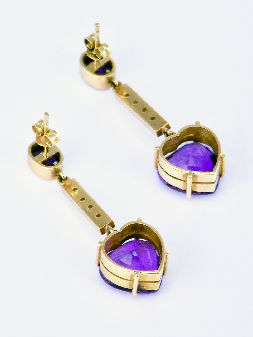 Vintage 18k Yellow Gold Purple Amethyst Heart and Diamond Drop Earrings
