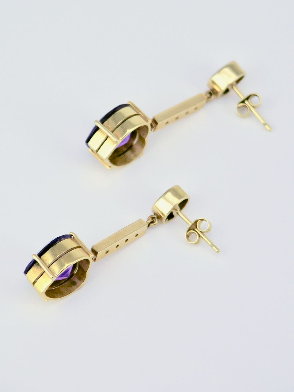 Vintage 18k Yellow Gold Purple Amethyst Heart and Diamond Drop Earrings