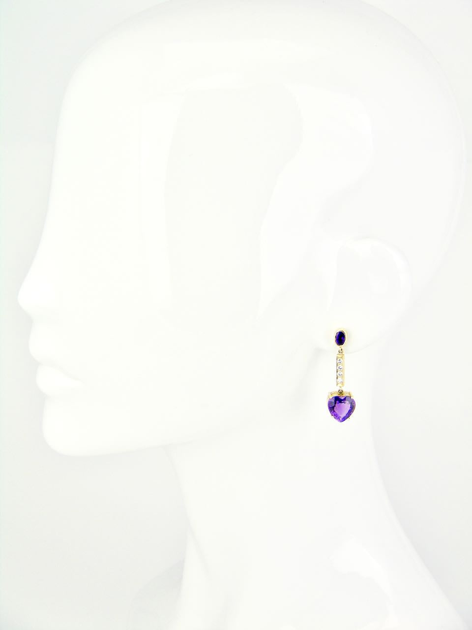 Vintage 18k Yellow Gold Purple Amethyst Heart and Diamond Drop Earrings