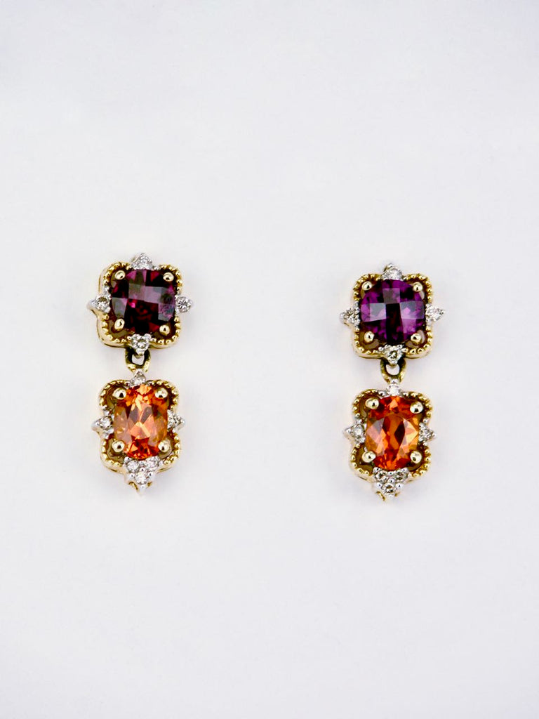 Vintage 14k Gold Two Colour Garnet and Diamond Drop Earrings