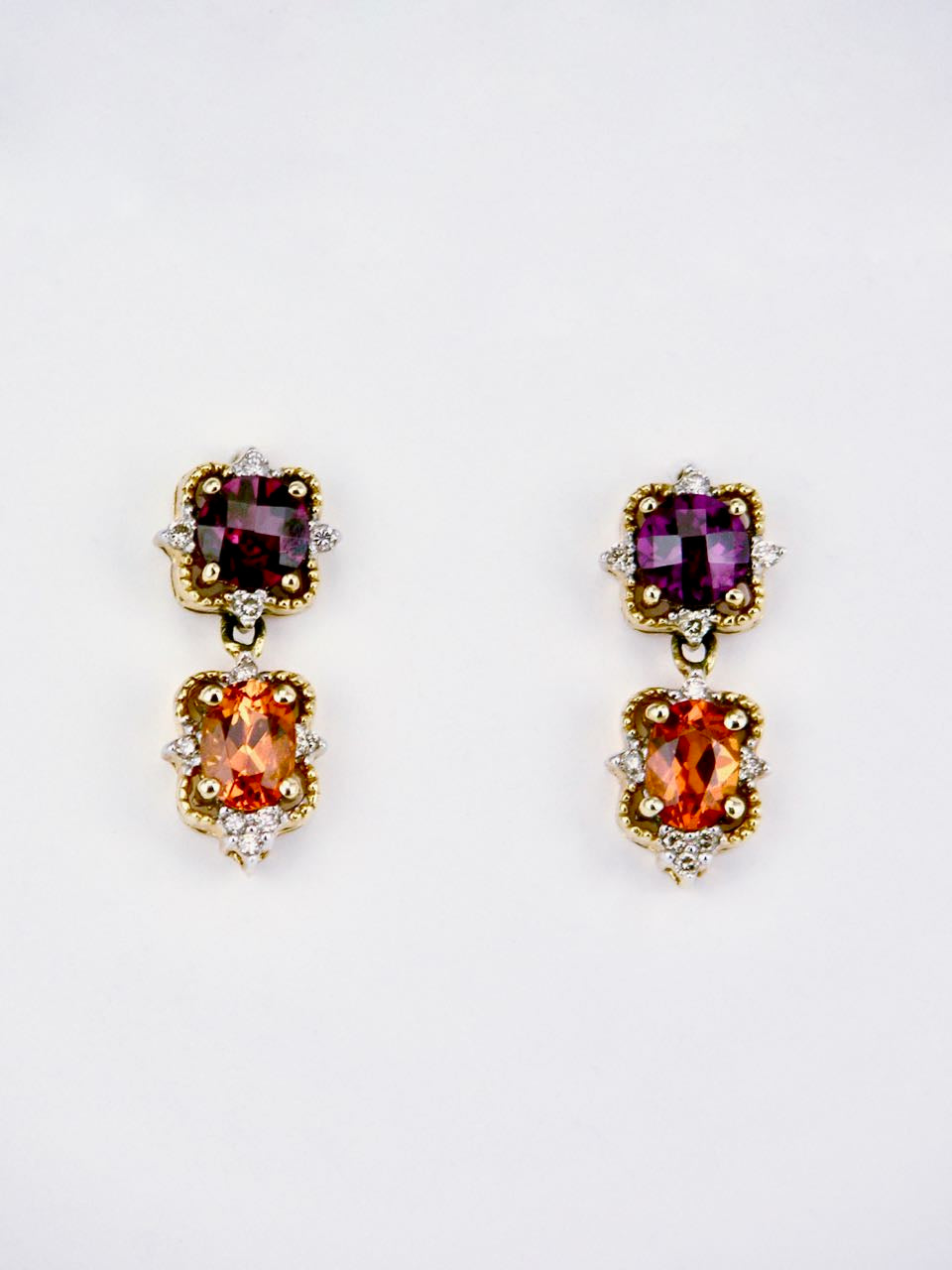 Vintage 14k Gold Two Colour Garnet and Diamond Drop Earrings